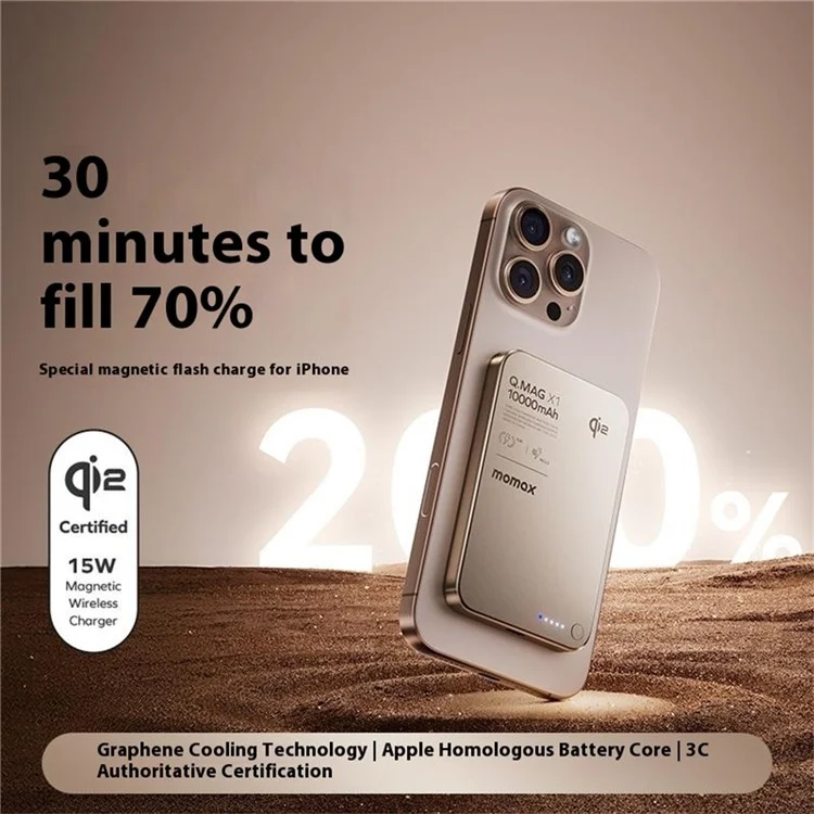 MOMAX Q.Mag X1 Qi2 Power Bank Magnético Sem Fio 10000mAh Carregador Portátil para Celular - Dourado