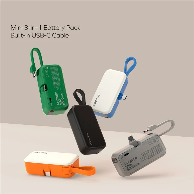 MOMAX 1-Power Mini Pop Art Cargador portátil con cable incorporado para USB C 5000mAh 20W Carga rápida 3 Puertos Power Bank - Naranja