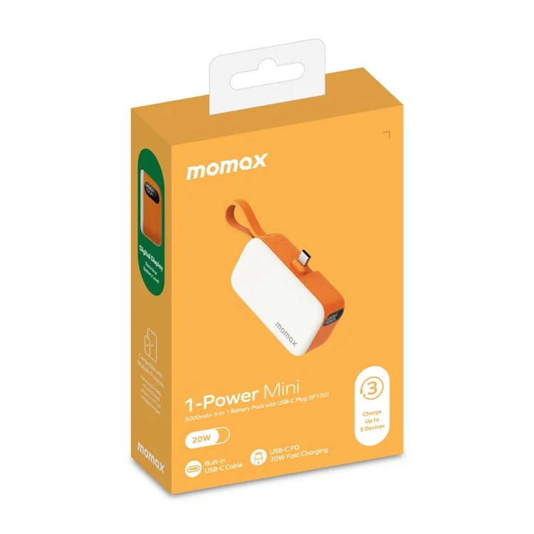 MOMAX 1-Power Mini Pop Art Cargador portátil con cable incorporado para USB C 5000mAh 20W Carga rápida 3 Puertos Power Bank - Naranja