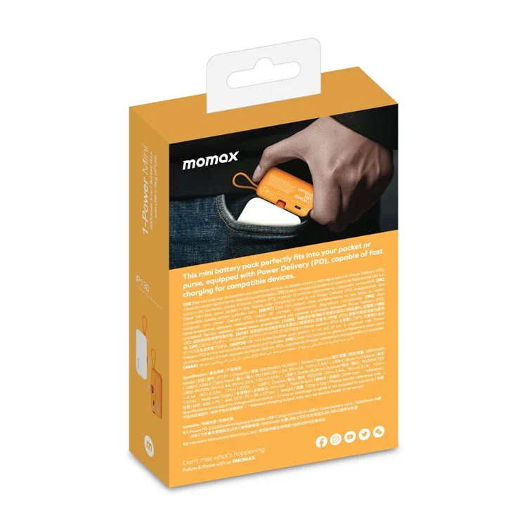 MOMAX 1-Power Mini Pop Art Cargador portátil con cable incorporado para USB C 5000mAh 20W Carga rápida 3 Puertos Power Bank - Naranja