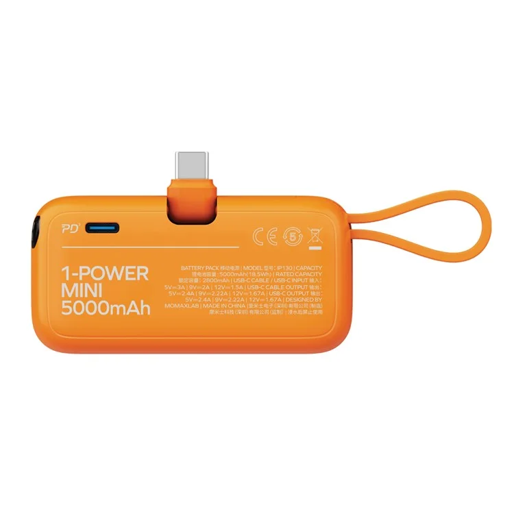MOMAX 1-Power Mini Pop Art Cargador portátil con cable incorporado para USB C 5000mAh 20W Carga rápida 3 Puertos Power Bank - Naranja