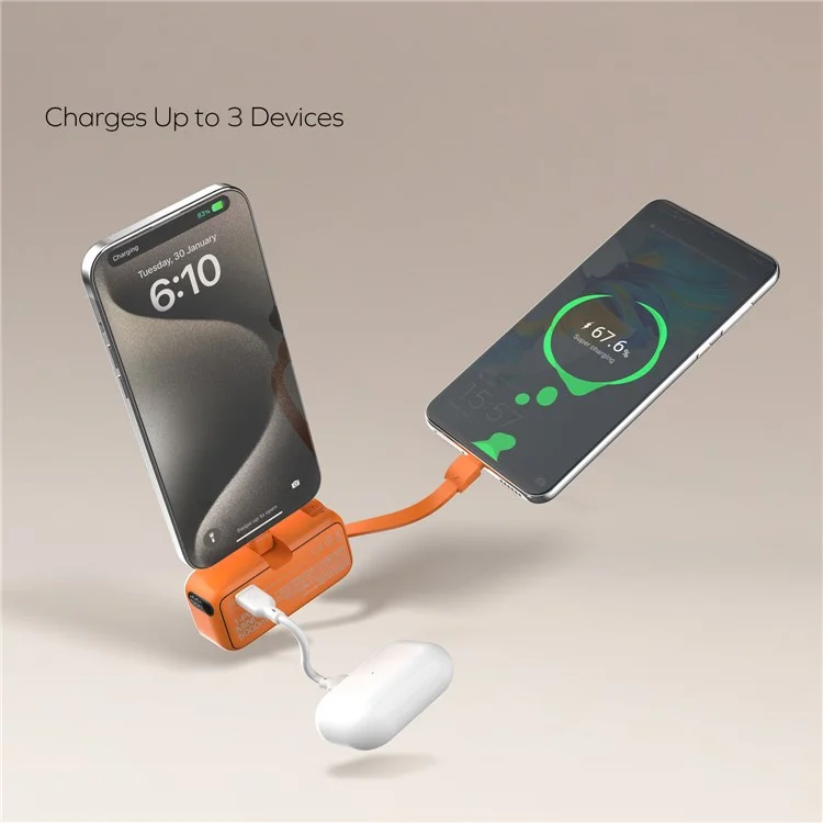 MOMAX 1-Power Mini Pop Art Cargador portátil con cable incorporado para USB C 5000mAh 20W Carga rápida 3 Puertos Power Bank - Naranja
