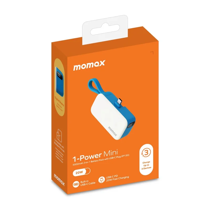 MOMAX 1-Power Mini Pop Art Портативное зарядное устройство с встроенным кабелем для USB-C 5000 мАч 20 Вт быстрая зарядка 3 порта Powerbank - Синий