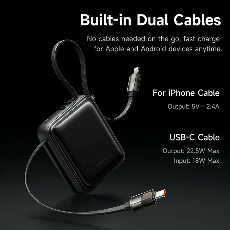 MCDODO MC-255 Freekit 10000mAh Mini Power Bank Portable Phone Charger with Built-In Cables 22.5W Fast Charging