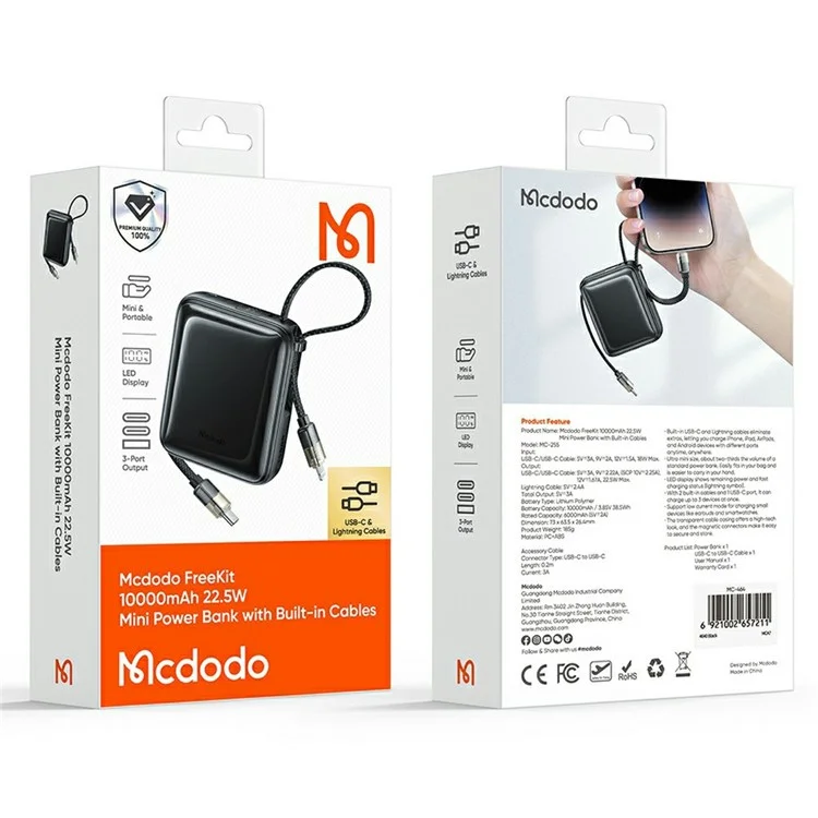 MCDODO MC-255 Freekit 10000mAh Mini Power Bank Portable Phone Charger with Built-In Cables 22.5W Fast Charging