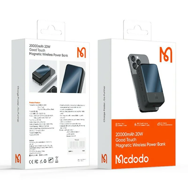 MCDODO MC-502 Magnetisk Powerbank 20000 mAh 20 W Hurtigopladning Bærbar Oplader Trådløs Opladning - Sort