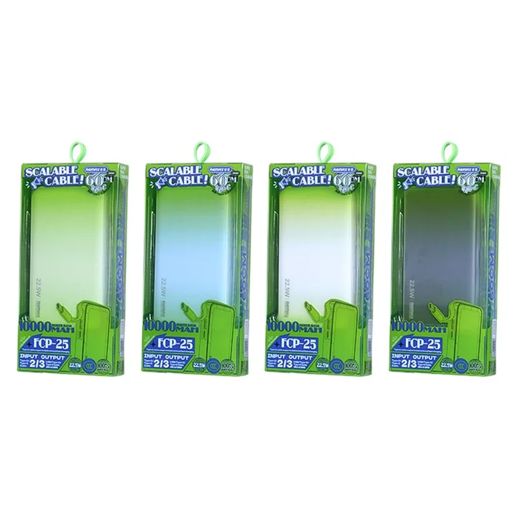 REMAX FCP-25 Batterie externe 10000mAh 22,5W Charge rapide avec Câble Type-C rétractable intégré - Vert