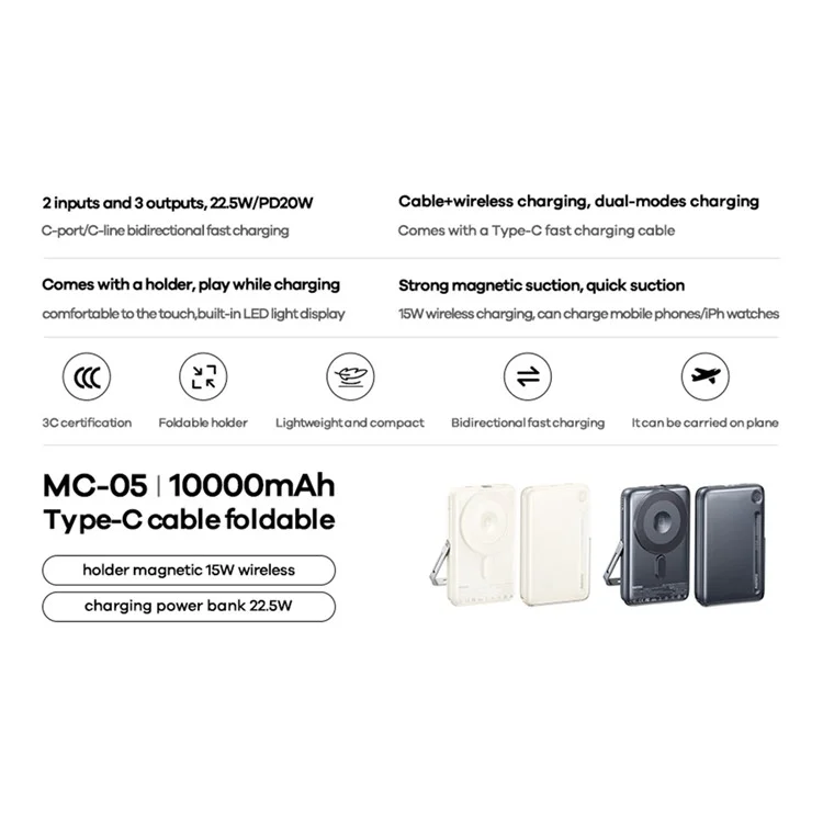 REMAX MC-05 Batterie Externe 10000mAh 22,5W Chargeur Rapide Magnétique sans Fil 15W avec Support Pliable et Câble Type-C - Saphir
