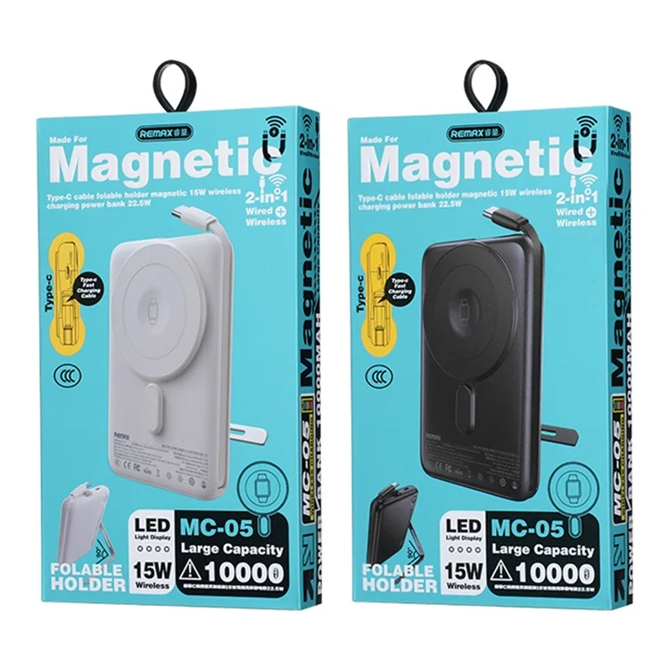 REMAX MC-05 Batterie Externe 10000mAh 22,5W Chargeur Rapide Magnétique sans Fil 15W avec Support Pliable et Câble Type-C - Saphir