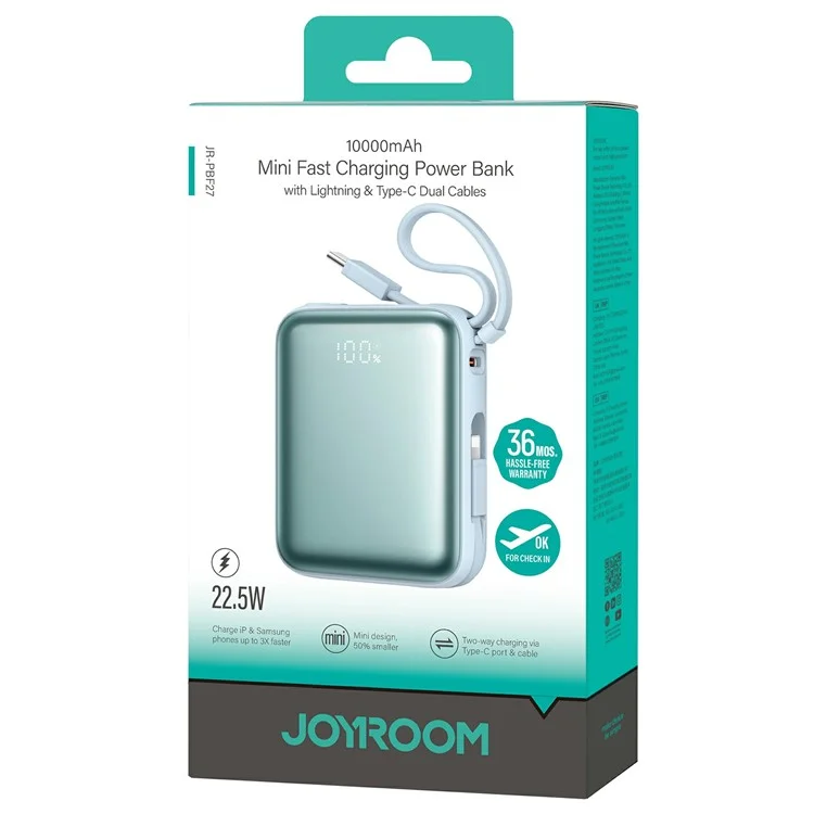 JOYROOM JR-PBF27 Powerbank da 10000mAh, Caricatore Portatile Ultraveloce 22,5W con Doppi Cavi Integrati - Blu