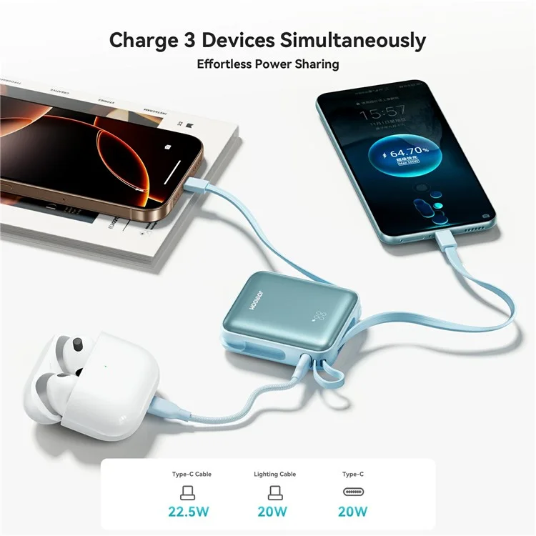 JOYROOM JR-PBF27 Powerbank da 10000mAh, Caricatore Portatile Ultraveloce 22,5W con Doppi Cavi Integrati - Blu