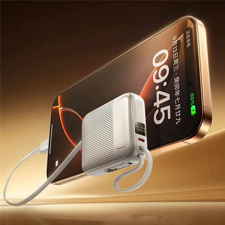 REMAX FC-05 22.5W Power Bank 10000mAh Portable Charger with Built-In Fast Charging Cable - Silver
