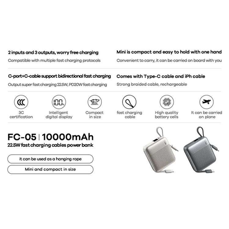 REMAX FC-05 22.5W Power Bank 10000mAh Portable Charger with Built-In Fast Charging Cable - Silver
