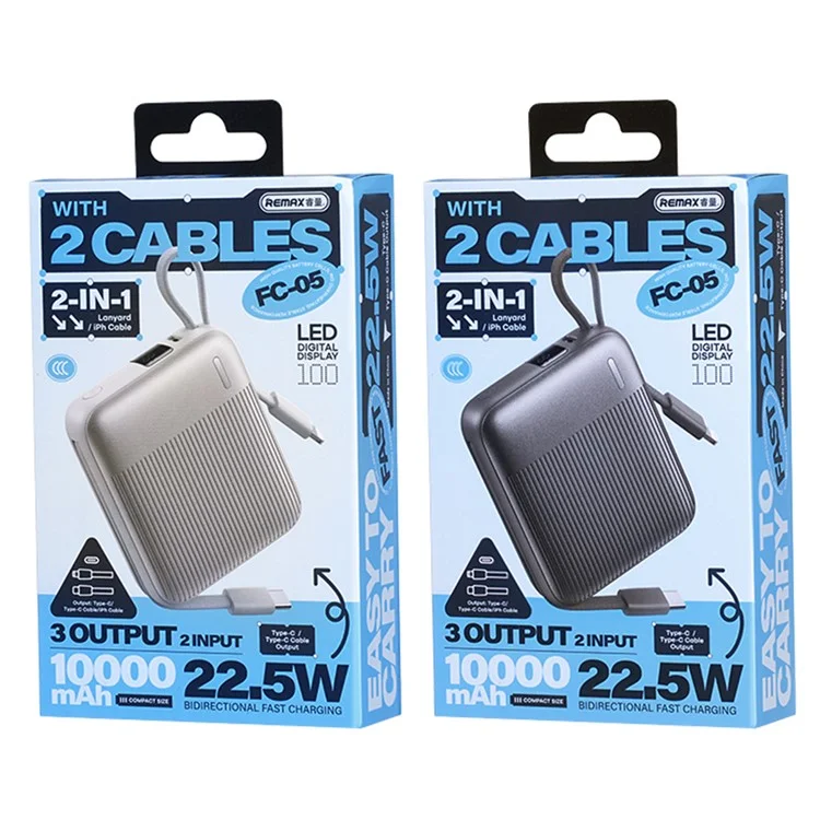 REMAX FC-05 22.5W Power Bank 10000mAh Portable Charger with Built-In Fast Charging Cable - Silver