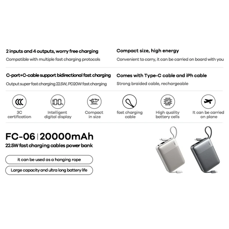 REMAX FC-06 22.5W Power Bank 20000mAh Portable Charger with Built-in Fast Charging Cable - Grey