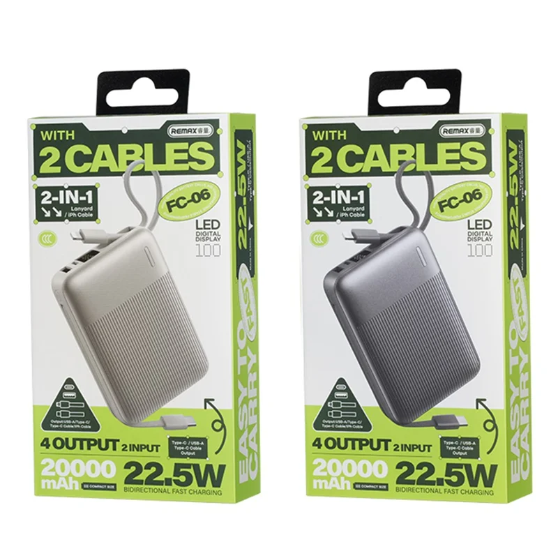 REMAX FC-06 22.5W Power Bank 20000mAh Portable Charger with Built-in Fast Charging Cable - Grey