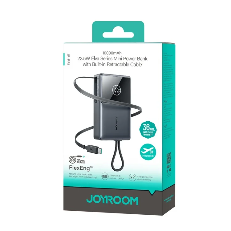 JOYROOM JR-PR1 Power Bank 10000mAh 22,5W Carregador Portátil Ultrarápido com Cabo Retrátil Integrado - Preto