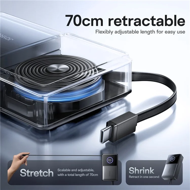 JOYROOM JR-PR1 Power Bank 10000mAh 22,5W Carregador Portátil Ultrarápido com Cabo Retrátil Integrado - Preto