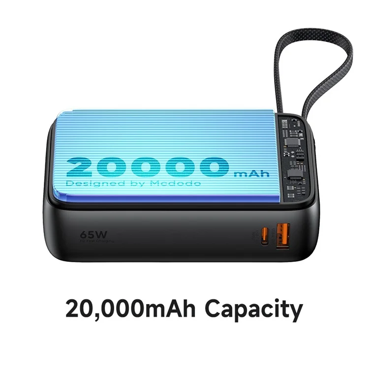 MCDODO MC-6370 MDD Freekit Series Powerbank USB-C 20000mAh com Display Digital 65W Portas USB-A + USB-C Carregador de Celular - Preto
