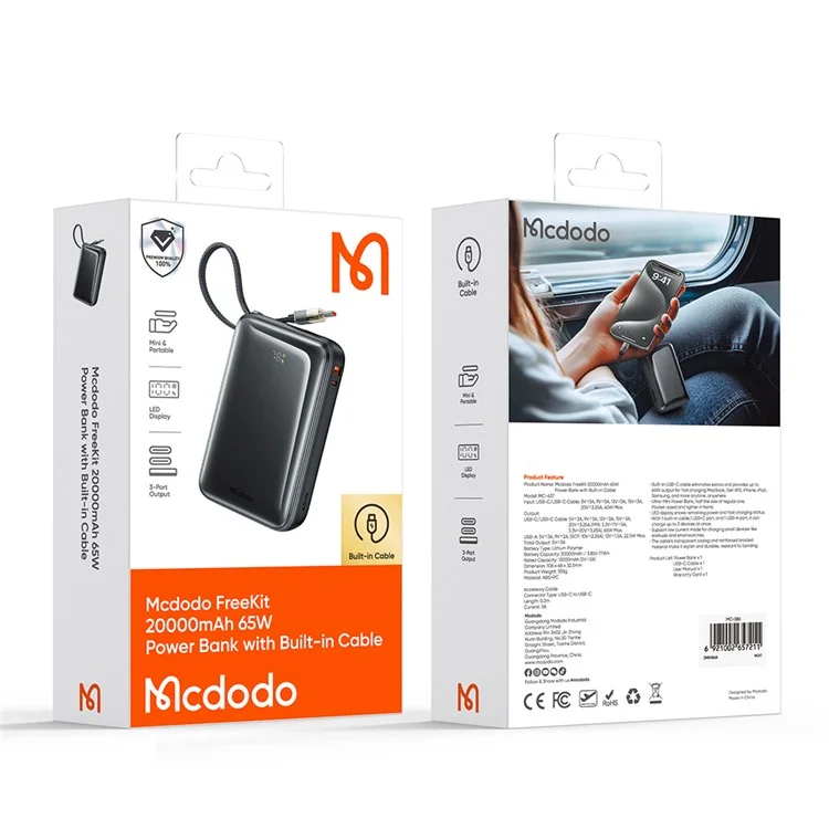 MCDODO MC-6370 MDD Freekit Series Powerbank USB-C 20000mAh com Display Digital 65W Portas USB-A + USB-C Carregador de Celular - Preto