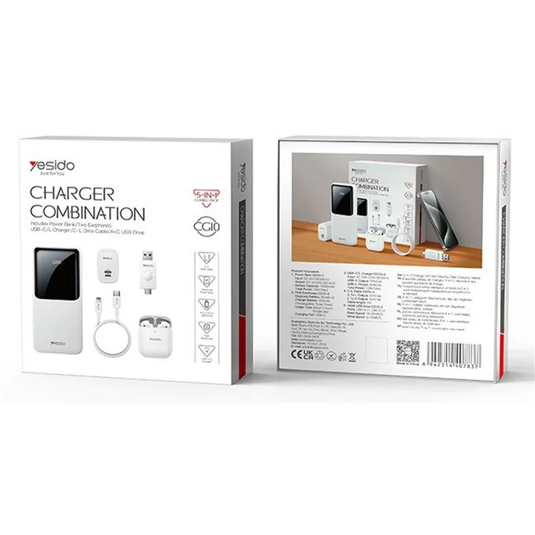 YESIDO CG10 Conjunto de Banda de Energia 5 em 1 com 10000mAh, Fones de Ouvido TWS, Carregador de Parede, Cabo e Pen Drive USB