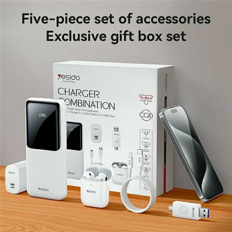 YESIDO CG10 Conjunto de Banda de Energia 5 em 1 com 10000mAh, Fones de Ouvido TWS, Carregador de Parede, Cabo e Pen Drive USB