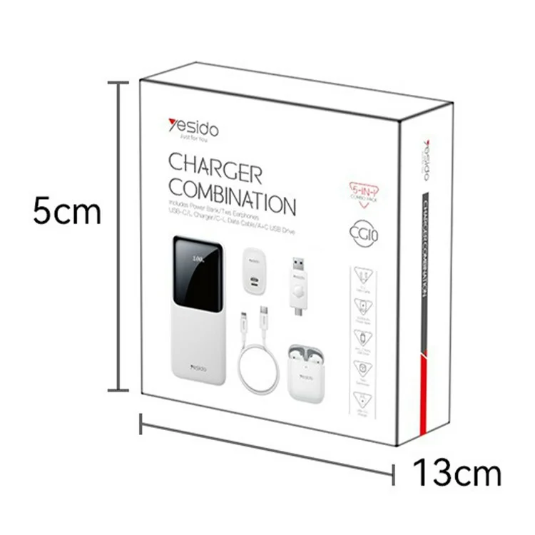 YESIDO CG10 Conjunto de Banda de Energia 5 em 1 com 10000mAh, Fones de Ouvido TWS, Carregador de Parede, Cabo e Pen Drive USB