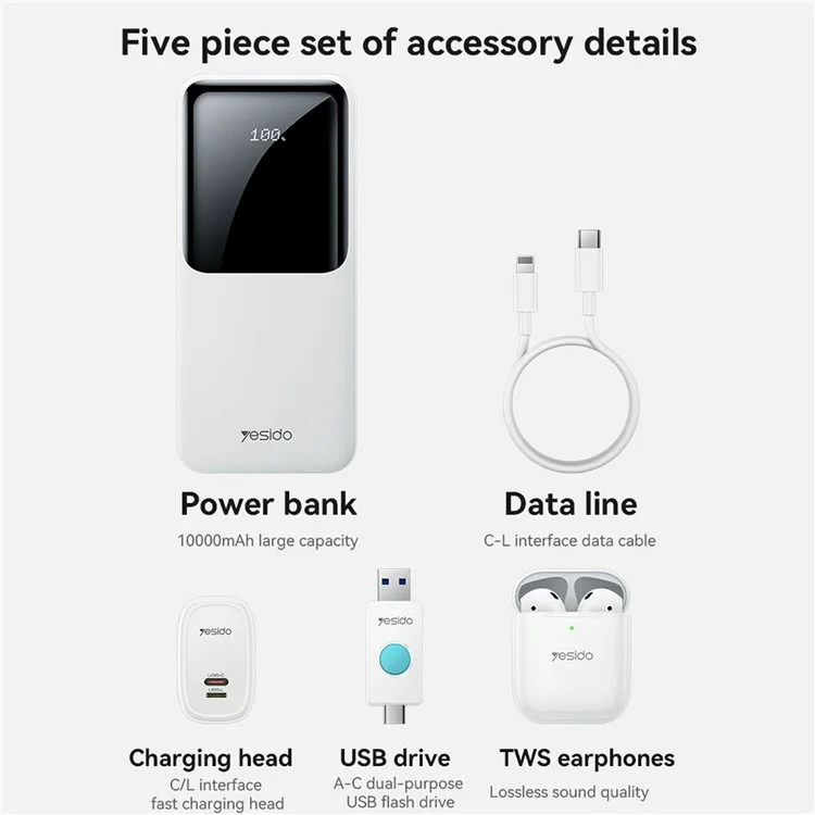 YESIDO CG10 Conjunto de Banda de Energia 5 em 1 com 10000mAh, Fones de Ouvido TWS, Carregador de Parede, Cabo e Pen Drive USB