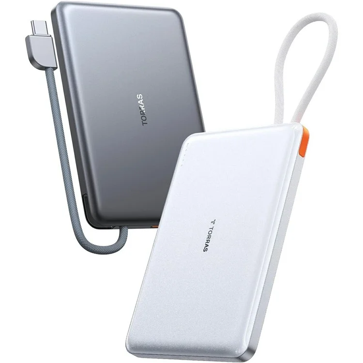TORRAS Mini Power Bank 10000mAh com Cabo Tipo-C Integrado, Carregador Portátil de 22,5W PD com Carregamento Rápido - Cinza