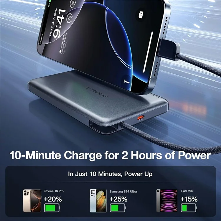 TORRAS Mini Power Bank 10000mAh com Cabo Tipo-C Integrado, Carregador Portátil de 22,5W PD com Carregamento Rápido - Cinza