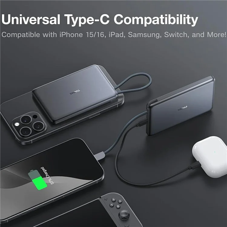TORRAS Mini Power Bank 10000mAh com Cabo Tipo-C Integrado, Carregador Portátil de 22,5W PD com Carregamento Rápido - Cinza