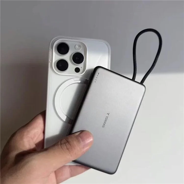 TORRAS Mini Power Bank 10000mAh com Cabo Tipo-C Integrado, Carregador Portátil de 22,5W PD com Carregamento Rápido - Cinza