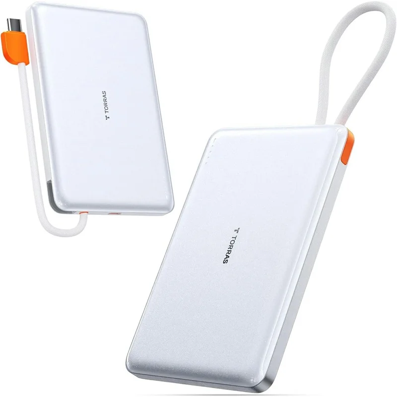 TORRAS Mini Power Bank 10000mAh Built-in Type-C Cable 22.5W PD Fast Charging Portable Charger - White