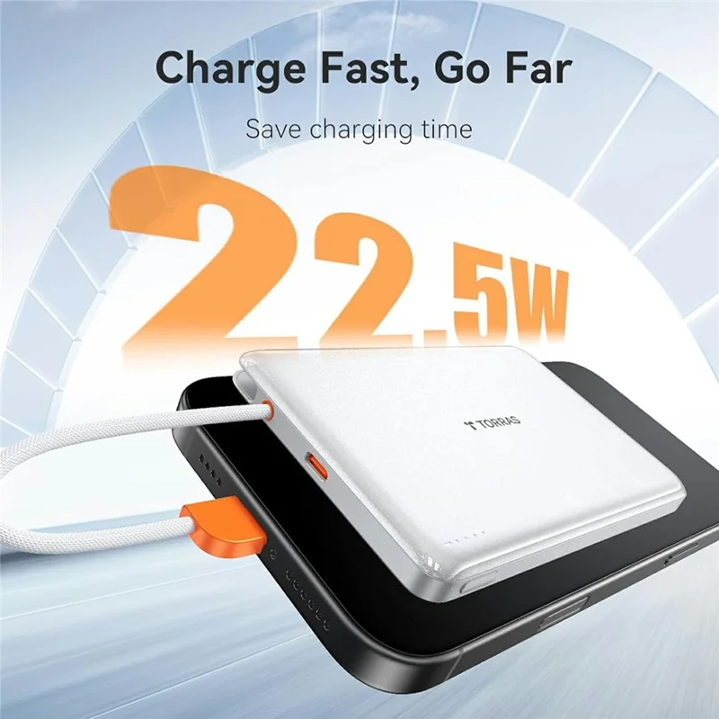 TORRAS Mini Power Bank 10000mAh Built-in Type-C Cable 22.5W PD Fast Charging Portable Charger - White