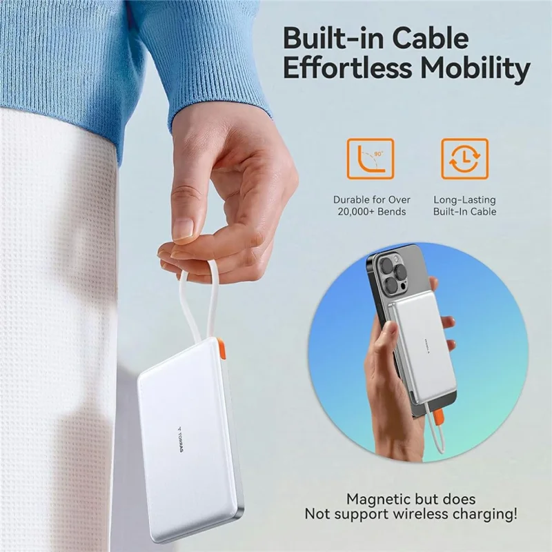 TORRAS Mini Power Bank 10000mAh Built-in Type-C Cable 22.5W PD Fast Charging Portable Charger - White