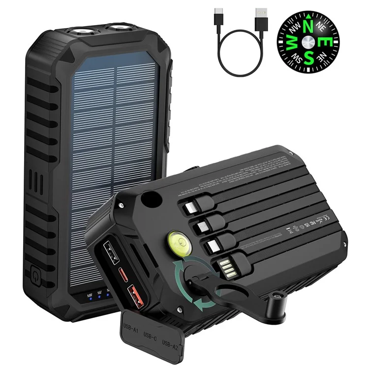 HS-43 Hand Crank Solar Power Bank Built In Cables 20000mAh Portable Charger with Flashlight and Compass - Black