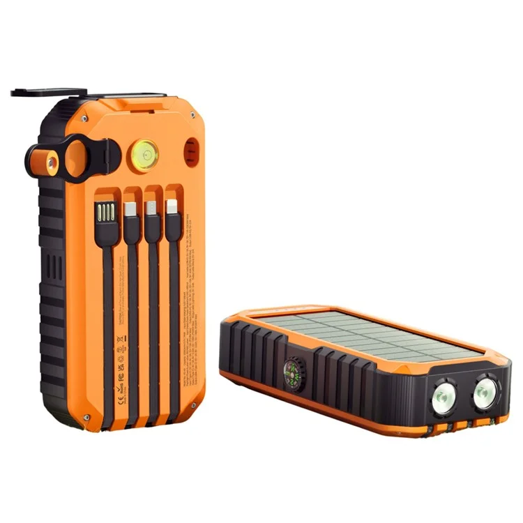 HS-43 Hand Crank Solar Power Bank Built In Cables 20000mAh Portable Charger with Flashlight and Compass - Orange