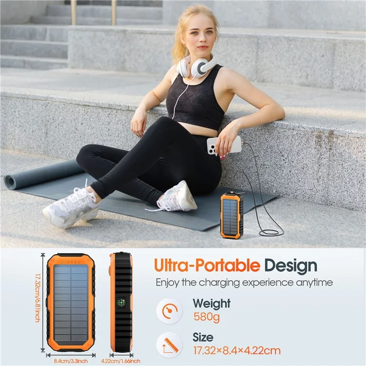 HS-43 Hand Crank Solar Power Bank Built In Cables 20000mAh Portable Charger with Flashlight and Compass - Orange