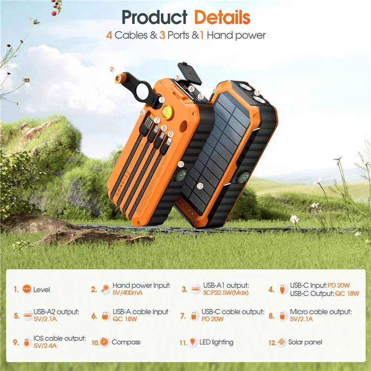 HS-43 Hand Crank Solar Power Bank Built In Cables 20000mAh Portable Charger with Flashlight and Compass - Orange