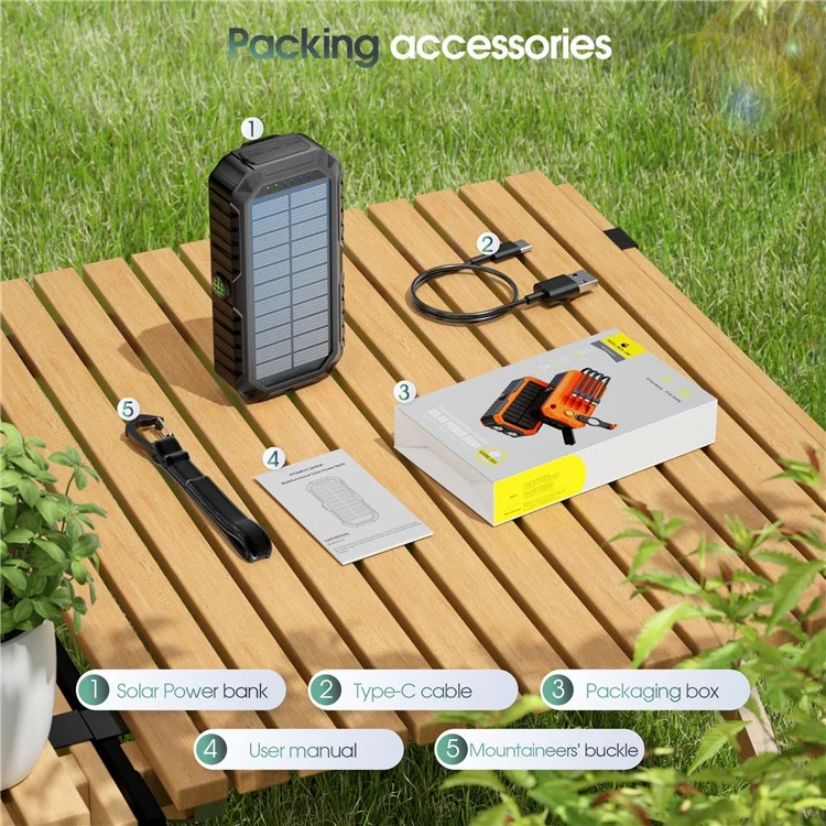 HS-43 Hand Crank Solar Power Bank Built In Cables 20000mAh Portable Charger with Flashlight and Compass - Orange