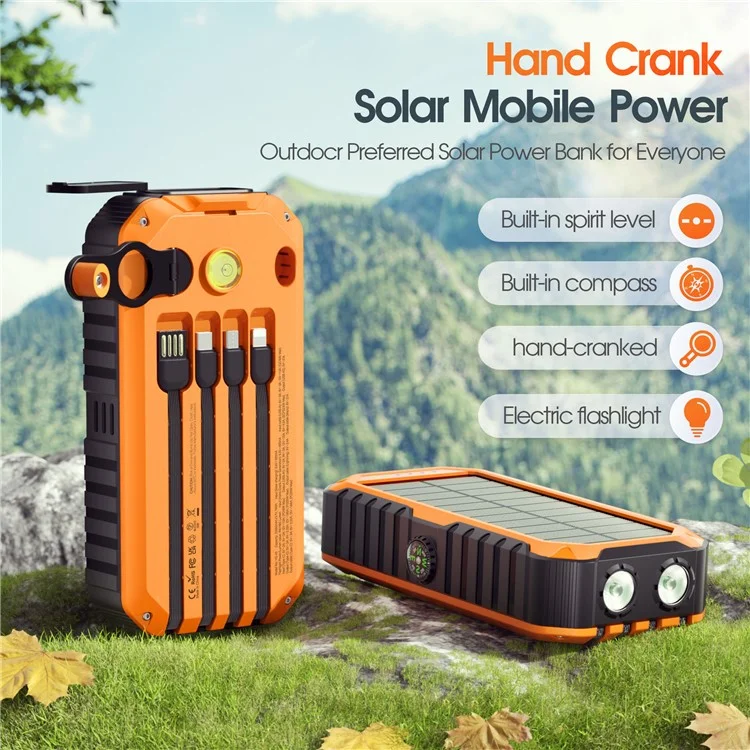 HS-43 Hand Crank Solar Power Bank Built In Cables 20000mAh Portable Charger with Flashlight and Compass - Orange
