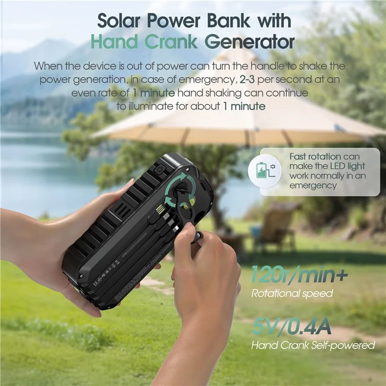 HS-43 Hand Crank Solar Power Bank Built In Cables 20000mAh Portable Charger with Flashlight and Compass - Orange