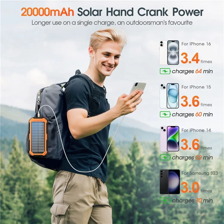 HS-43 Hand Crank Solar Power Bank Built In Cables 20000mAh Portable Charger with Flashlight and Compass - Orange