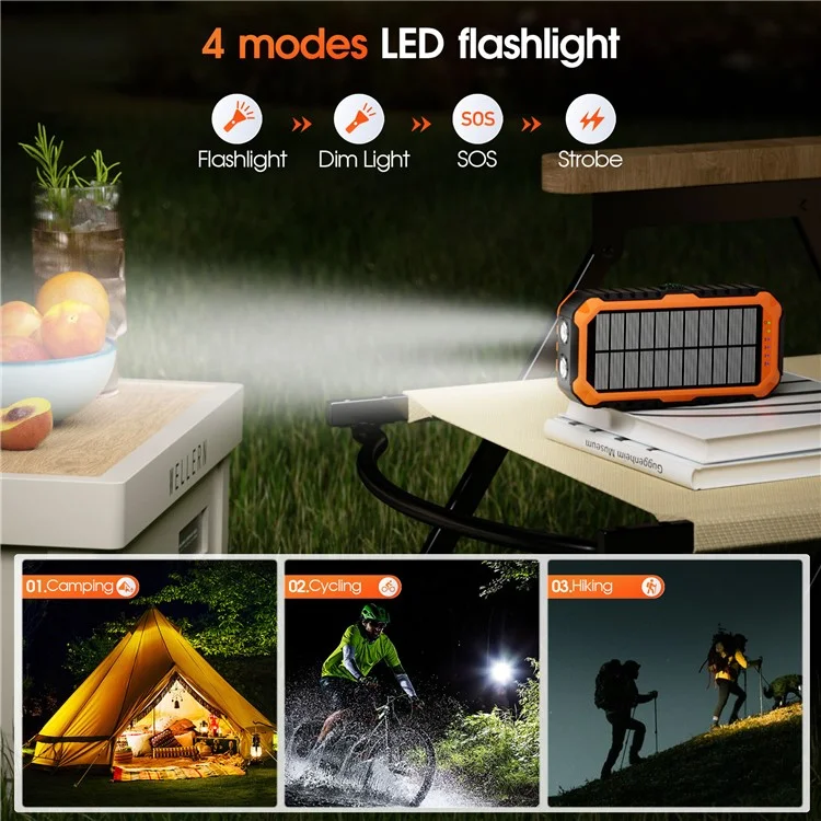 HS-43 Hand Crank Solar Power Bank Built In Cables 20000mAh Portable Charger with Flashlight and Compass - Orange