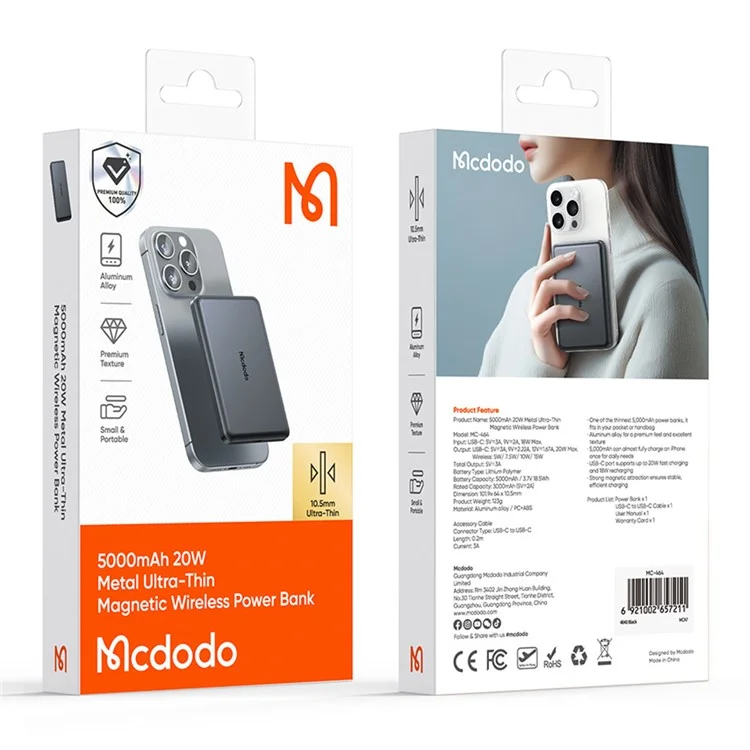 MCDODO MC-4641 Power Bank Magnético Metálico Ultra-Fino de 5000mAh, Carregamento Rápido 20W com Entrada/Saída USB-C