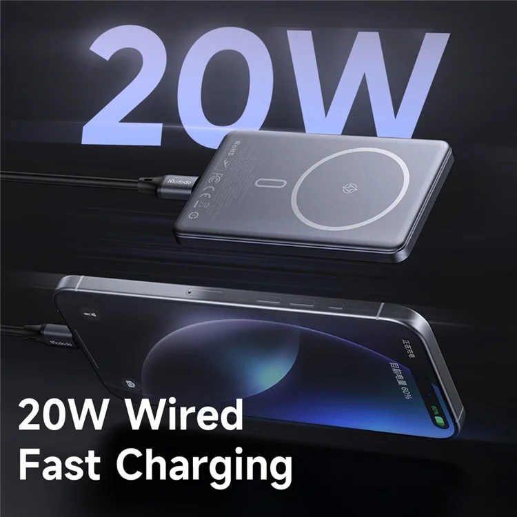 MCDODO MC-4641 Power Bank Magnético Metálico Ultra-Fino de 5000mAh, Carregamento Rápido 20W com Entrada/Saída USB-C