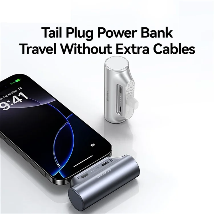 USAMS CD248 PB79 Mini Power Bank 3000mAh Type-C Plug Portable Charger Emergency Charging for Phones - Silver