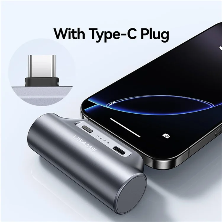 USAMS CD248 PB79 Mini Power Bank 3000mAh Type-C Plug Portable Charger Emergency Charging for Phones - Silver