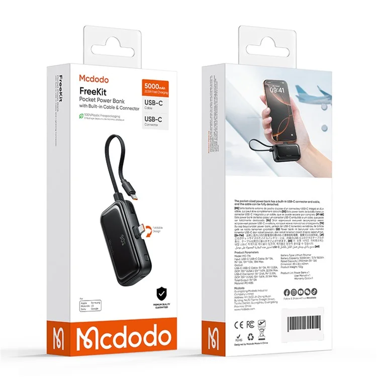 MCDODO MC-7760 MDD Freekit Series Power Bank with USB-C Plug Digital Display 5000mAh 20W Portable Phone Charger