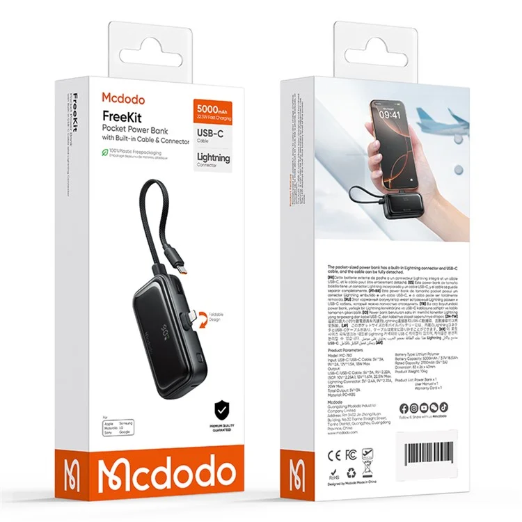 MCDODO MC-7800 MDD Freekit Series Power Bank with iP Plug Digital Display 5000mAh 20W Portable Phone Charger